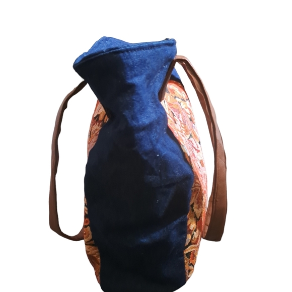 VTG GOLD COAST TAPESTRY denim zip tote bag faux leather straps floral coastal LG - Picture 5 of 12